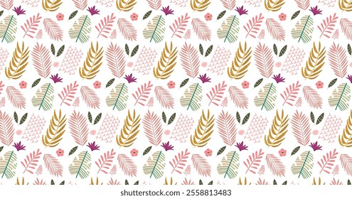 Multicolored Floral Seamless Pattern abstract seamless pattern with tropical leaves. Hand draw texture. Vector template.