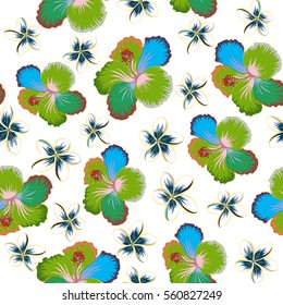 Multicolored floral seamless pattern with hibiscus flowers, watercolor hand drawing style on white background. Design for invitation, wedding or greeting cards. Vector hibiscus pattern.