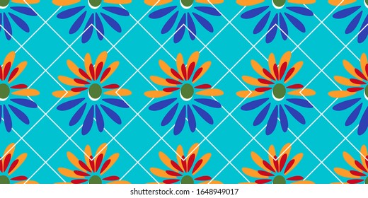 Multicolored floral seamless pattern, vector illustration, aquamarine background, print trend 2020