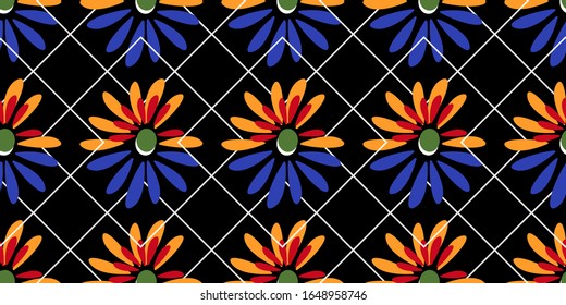 Multicolored floral seamless pattern, vector illustration, black background, print 2020