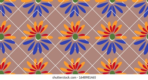 Multicolored floral seamless pattern, vector illustration, light brown background, print trend 2020