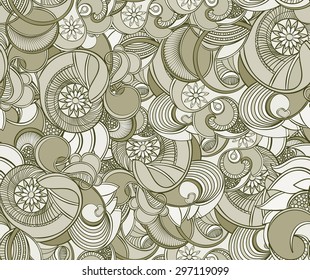 Multicolored floral seamless texture, waves. Elegance olive background, vector.