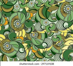 Multicolored floral seamless texture, waves. Elegance green background, vector.