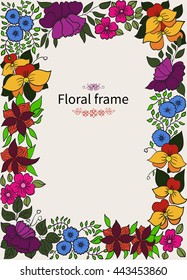 Multicolored floral vector frame. Wildflowers.