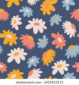 Multi-colored flower buds on a dark blue background. Repeatable vector pattern for textile, fabric and print.