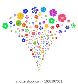 Multicolored Flower burst fountain. Object fountain created from random flower icons as fireworks. Vector illustration style is flat iconic symbols with psychedelic colors.
