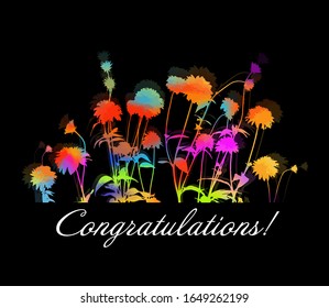 Multicolored flower heads. Postcard Congratulations! mixed media. Vector illustration