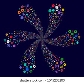 Multicolored Flower spiral fireworks on a dark background. Suggestive whirlpool combined from randomized flower symbols.