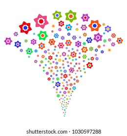 Multicolored Flower stream fountain. Object fountain done from random flower pictograms as fireworks. Vector illustration style is flat iconic symbols with psychedelic colors.