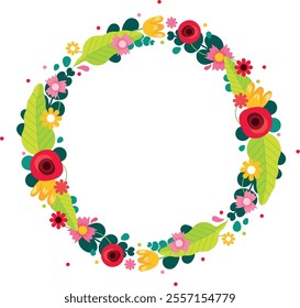 Multicolored flower wreath with large green leaves, round floral frame for spring-themed photo, cheerful and colorful floral arrangement, editable vector