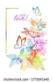 A multi-colored flowering abstraction with butterflies for a postcard. Vector illustration