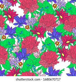 Multi-colored flowers background print for textile. The drawn flowers beautiful illustration for the fabric. Design ornament pattern seamless.
