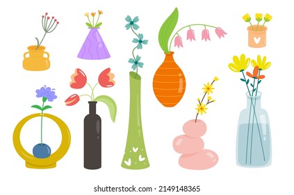 Multi-colored flowers in beautiful vases. Vector set consists of nine isolated elements.
