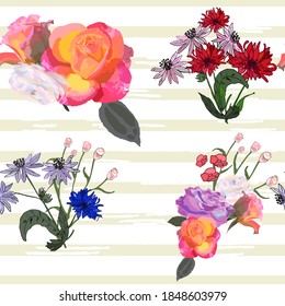 Flores multicolores en ramos, rayas marrón claro, trazos desiguales, fondo blanco, vectores vintage de motivos botánicos. Nuevas texturas para varias impresiones de moda