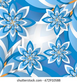 Multicolored flowers carved from paper on background. Template for text and greeting card. Flat vector illustration EPS 10 