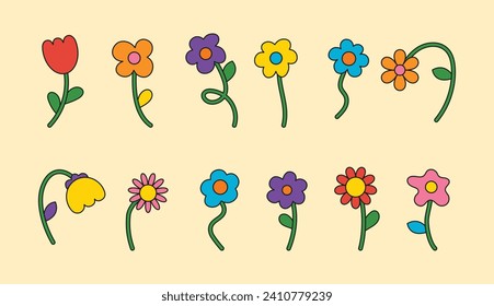 Multicolored flowers collection in retro groovy style. 70s, 80s, 90s vibe. Trendy hand drawn flowers. Vector illustration, editable stroke. Botanical floral element set.