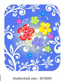 Multi-colored flowers and curls on a blue background.