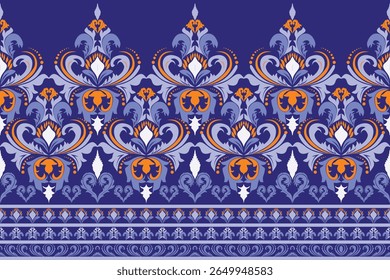 As flores multicoloridas decoram a peça inteira, sem emenda no estilo horizontal, fundo azul.