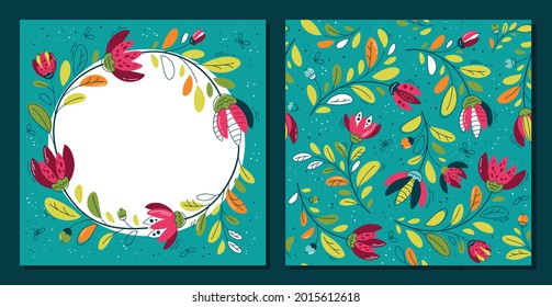Flores multicolores de estilo plano - patrón y marco sin fisuras, banner. Antecedentes de tela, textil, papel pintado, afiche, sitio web, tarjeta, papel de envoltura de regalo 