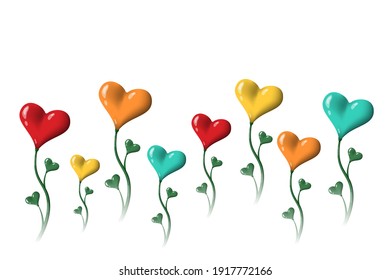 Mehrfarbige Blumen in Form von Herzen. Vektorgrafik. 