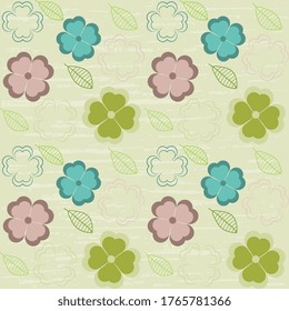 Multicolored flowers from hearts, leaves on a beige background, with an old vintage texture, artistic. Beautiful vector illustration.