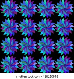 Multi-colored flowers with leaves. on black background. Pattern vivid wrapping paper. abstract colorful  flower