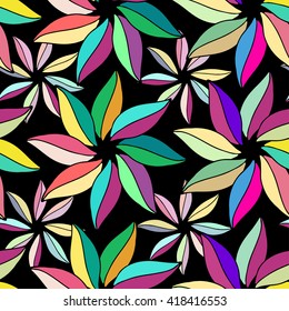 Multi-colored flowers with leaves. on black background. pattern vivid wrapping paper from the multi-colored leaves