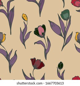 Multi-colored flowers and leaves of tulips on a beige cream background. Floral seamless pattern. Vector illustration with hand-drawn plants.