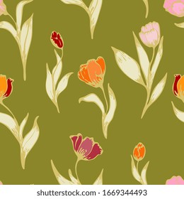 Multi-colored flowers and leaves of tulips on a sage green background. Floral seamless pattern. Vector illustration with hand-drawn plants.