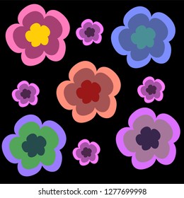 
Multicolored flowers on a black background. Vector illustration