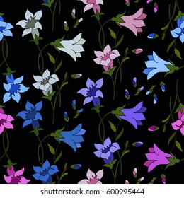 Multicolored flowers on a black background, pattern. Vector