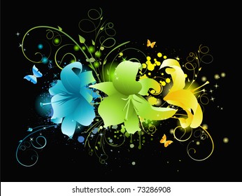 Multicolored flowers on black background with floral, glowing elements