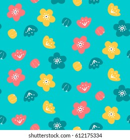 Multicolored flowers on a blue background. Cute kids flower seamless pattern vector