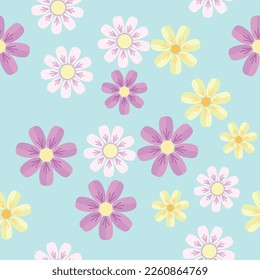 Multicolored Flowers On Blue Squares. Seamless Patterns Background. Vector Illustration. Tablecloth, Picnic mat wrapper. SHOTLISTretro