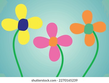 Multicolored flowers on bright blue background. Vector illustration in flat design style.