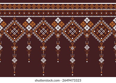 Multicolored flowers on a horizontal seamless geometric dark brown background.