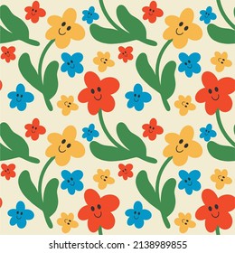 Multicolored flowers on a light background. Retro seamless floral pattern with emoji smile. Children's colorful style. Hand drawn, flat design, cartoon. All elements are isolated.