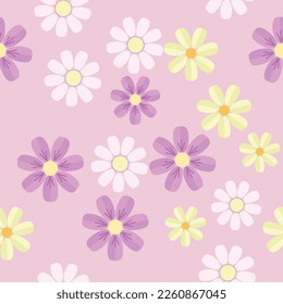 Multicolored Flowers On Pink Background. Seamless Patterns Background. Vector Illustration. Tablecloth, Picnic mat wrapper.