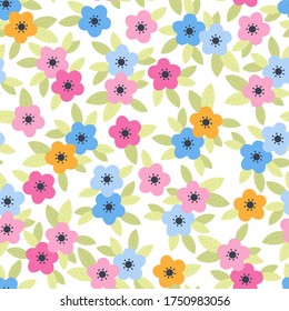 Multicolored flowers on a white background seamless pattern, vector illustration for your design.