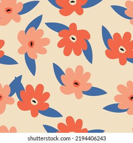 Multicolored flowers on a white and blue background.Hand draw small flowers. Floral Pattern. Botanic and abstract seamless pattern with flowers and leaves.