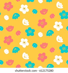 Multicolored flowers on a yellow background. Cute kids flower seamless pattern vector