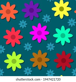 Multicolored flowers with shadow on a blue background, texture for wallpaper and design, seamless pattern, vector illustration
