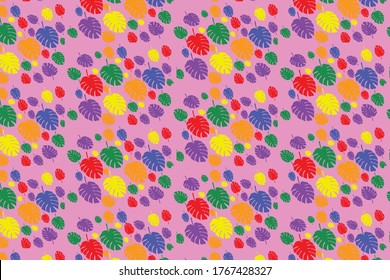 Multicolored flowers silhouettes repeating pattern on a pink background,LGBT theme. monstera plant theme