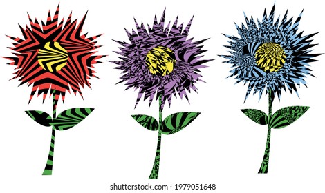multicolored flowers with thin stems and beautiful leaves in op art style on a white background gardening concept