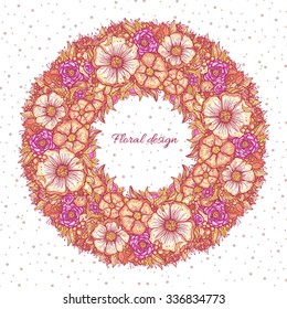 multicolored flowers wreath, framework, graphic bouquet, , floral pattern outline, vector illustration