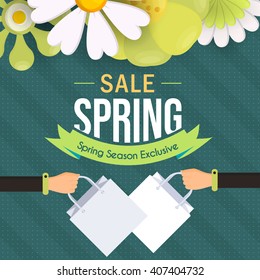 Multicolored Flowes, Spring Season Web Banner Design, Hands Hold Shopping Bag Illustration, Flat Style Spring Sale Ad