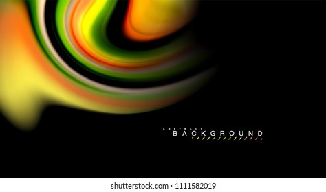 Aceite multicolor sobre fondo negro, líneas de onda vectorial y giros, ilustración artística para presentación, fondo de pantalla de aplicación, pancarta o afiche