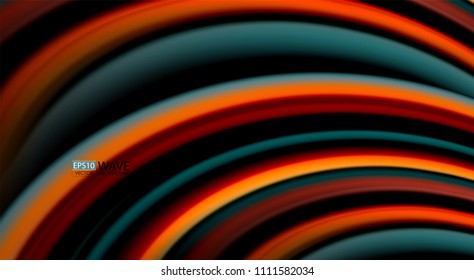 Multicolored fluid on black background, vector wave lines and swirls, artistic illustration for presentation, app wallpaper, banner or poster