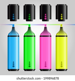 Multicolored fluorescent felt pen or highlighter set with black caps and rainbow lines