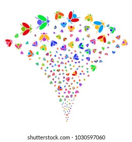 Multicolored Fly Insect festive fountain. Object fountain organized from random fly insect icons as fireworks. Vector illustration style is flat iconic symbols with psychedelic colors.